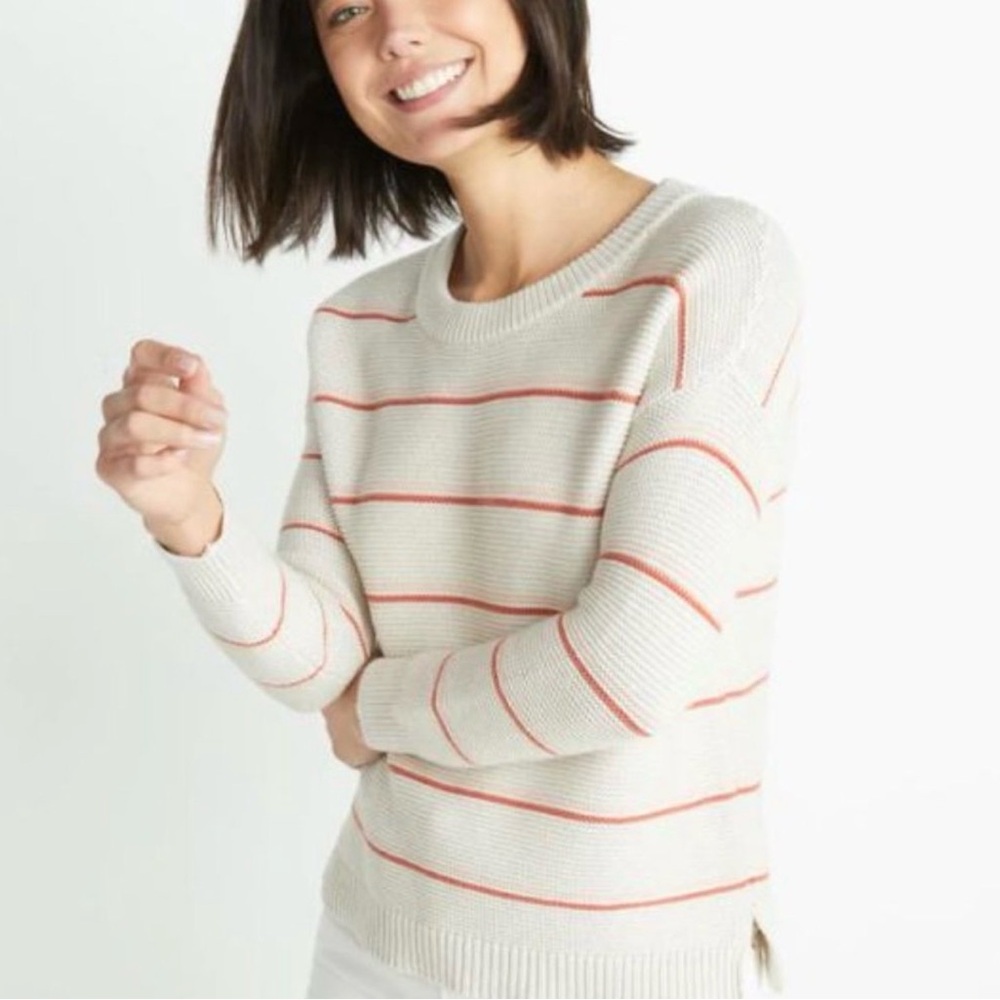 Marine Layer | Nina Crewneck Sweater in Oatmeal Heather/Coral Gold, size S